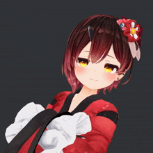 a girl with a flower in her hair is wearing a red kimono