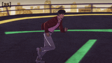 a cartoon of a man running in front of a city skyline with the words [ as ] below him
