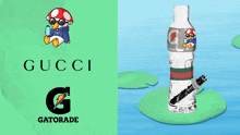 a bottle of gatorade next to a gucci advertisement