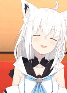 a cartoon character with white hair and black ears smiles