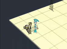 a cartoon of a man and a girl standing in front of a space ship with the letter y on it