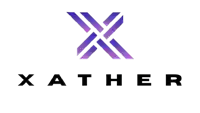 a logo for xather shows a purple x and black letters