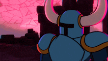 a cartoon of a blue knight with horns standing in front of a pink background