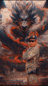 a man in a military uniform stands in front of a large dragon