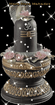 a picture of a statue of lord mahadev with flowers and stars