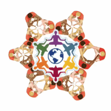 a group of people are gathered in a circle with a globe in the center