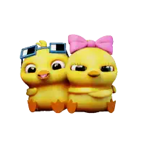 two cartoon chickens wearing sunglasses and a pink bow on their heads