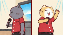 a cartoon cat is singing into a microphone while another cat looks on