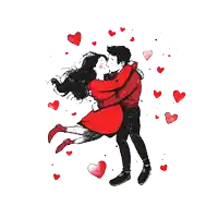 a drawing of a man and woman kissing with hearts around them