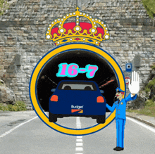 a cartoon of a police officer standing in front of a car that says budget