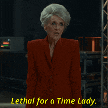 a woman in a red jacket says lethal for a time lady in yellow letters