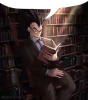 a man in a suit reading a book in a library with a sign that says silence