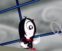 a cartoon girl is standing in front of a window and holding a bottle of water .