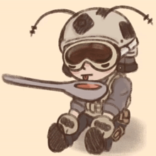 a drawing of a person wearing a helmet and goggles holding a spoon in their mouth