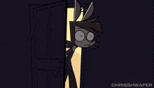 a cartoon of a person peeking out of a door with the name chrisshwafer on the bottom right