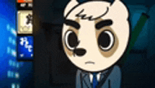 a cartoon bear in a suit and tie is standing in front of a wall .