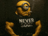 a minion smoking a cigarette and wearing a shirt that says " never gook "