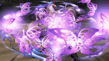 a video game character is surrounded by purple butterflies