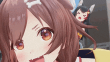a close up of a anime girl with a bone on her head
