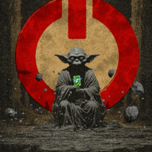 a statue of yoda sitting in front of a red circle