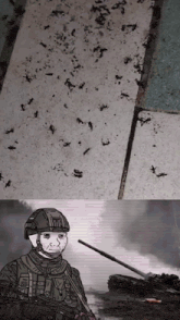 a drawing of a soldier with a gun and ants on the floor
