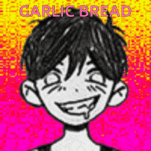 a black and white drawing of a boy with the words garlic bread on the bottom