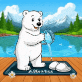 a cartoon polar bear pouring water into a river