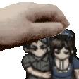 a hand is petting a couple of anime characters .