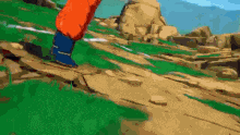 a cartoon character is walking across a dirt road in a video game .