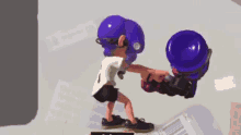 a cartoon character with purple hair is holding a purple barrel .
