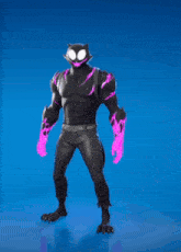 a cartoon character with a cat 's face and glowing eyes is standing on a blue background