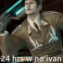 a man in a suit and tie is standing in front of a car with the words 24 hrs w no ivan below him