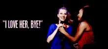 a woman singing into a microphone with the words " i love her bye "