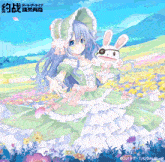 a girl in a green dress is holding a stuffed bunny in a field