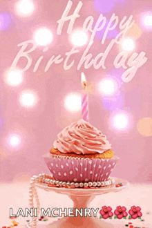 a birthday card with a pink cupcake and the name lani mchenry at the bottom