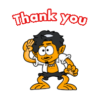 a cartoon character with the words thank you written above him