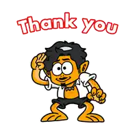 a cartoon character with the words thank you written above him