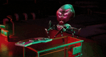 a cartoon drawing of a robot sitting on a table with a sign that says ' netflix ' on it