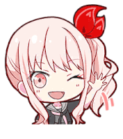 a cartoon girl with pink hair and a red bow in her hair is waving .