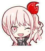 a cartoon girl with pink hair and a red bow in her hair is waving .