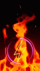 a lightning bolt is surrounded by a circle of flames