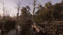 a video game scene of a swamp with trees and a boat in the water