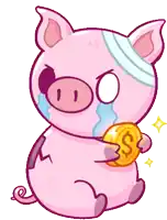 a cartoon pig with a bandage on its head holds a gold coin with a dollar sign on it