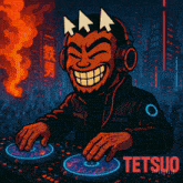 a cartoon illustration of a dj with the name tetsuo on the bottom