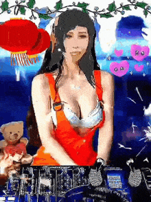 a woman in a red dress is surrounded by a teddy bear and chinese lanterns