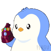 a blue and white penguin is holding a red object with the word pengu on the bottom