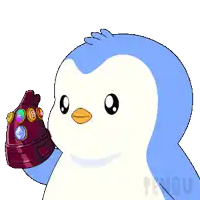 a blue and white penguin is holding a red object with the word pengu on the bottom