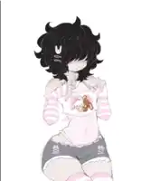 a drawing of a girl with curly hair wearing a pink and white striped shirt and shorts .