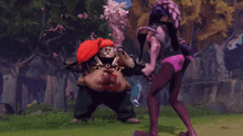 a woman in a pink heart shaped underwear is standing next to a man in a bloody costume