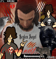 a man wearing a shirt that says broken angel is surrounded by wolves
